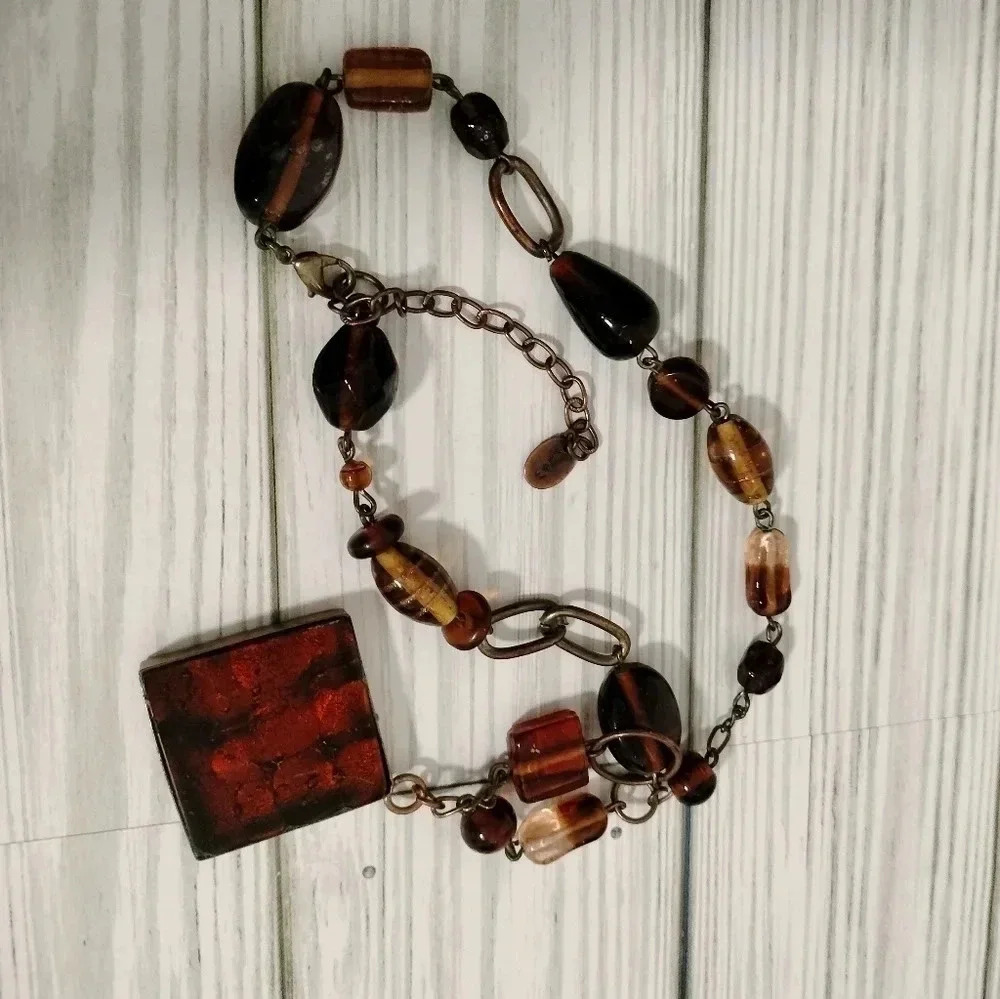 ICING Gold Tone Necklace Womens Fashion Jewelry Signed Amber Glass Beads 16"
